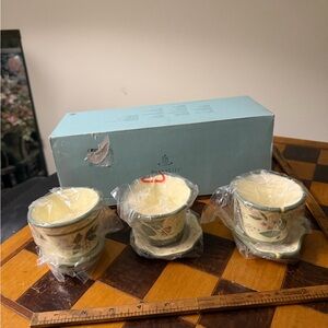 VTG Partylite ceramic votive cups and saucer set, NIB strawberry floral painted